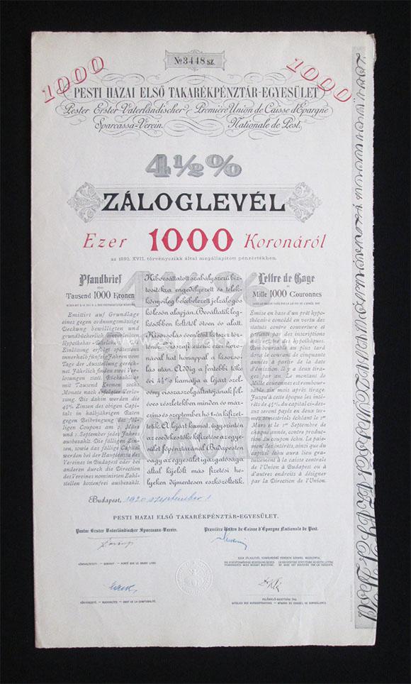 Pesti Hazai Els Takarkpnztr zloglevl 1000 korona 1920